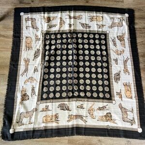 Gina Ruccini Vintage Safari Animal Print Scarf Lion Tiger Cheetah Black Cream